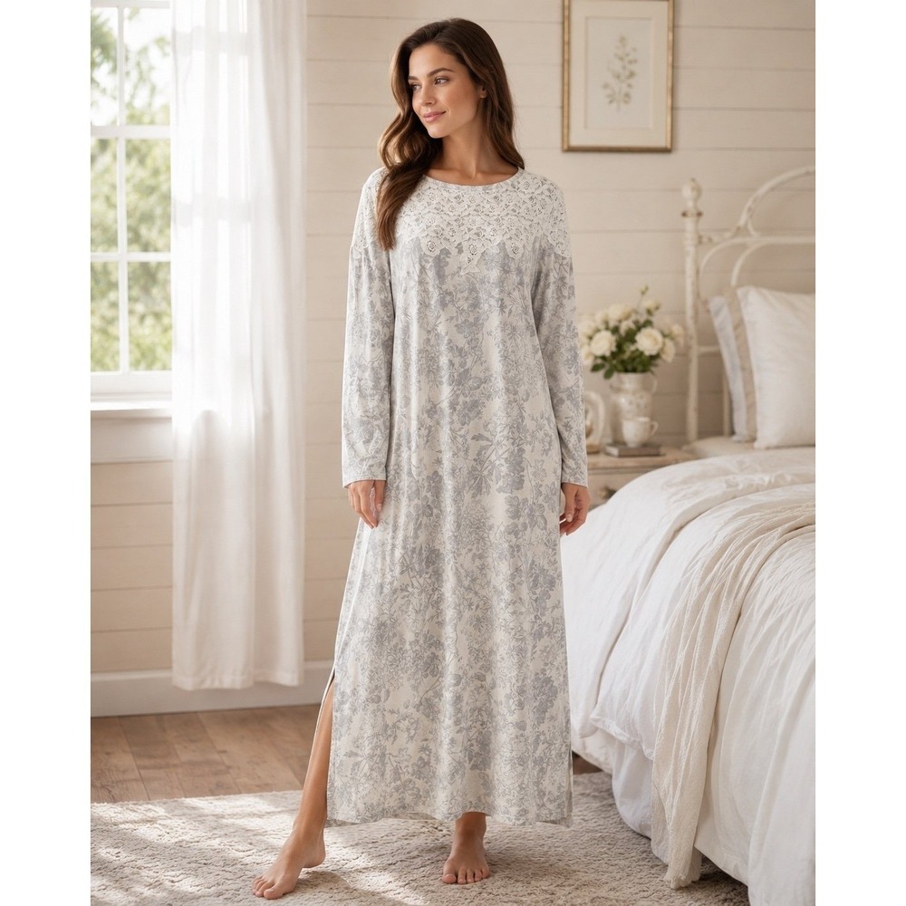 J.Jill Sleep Dream Supima Cotton Lace Floral Nightgown Gown Size L